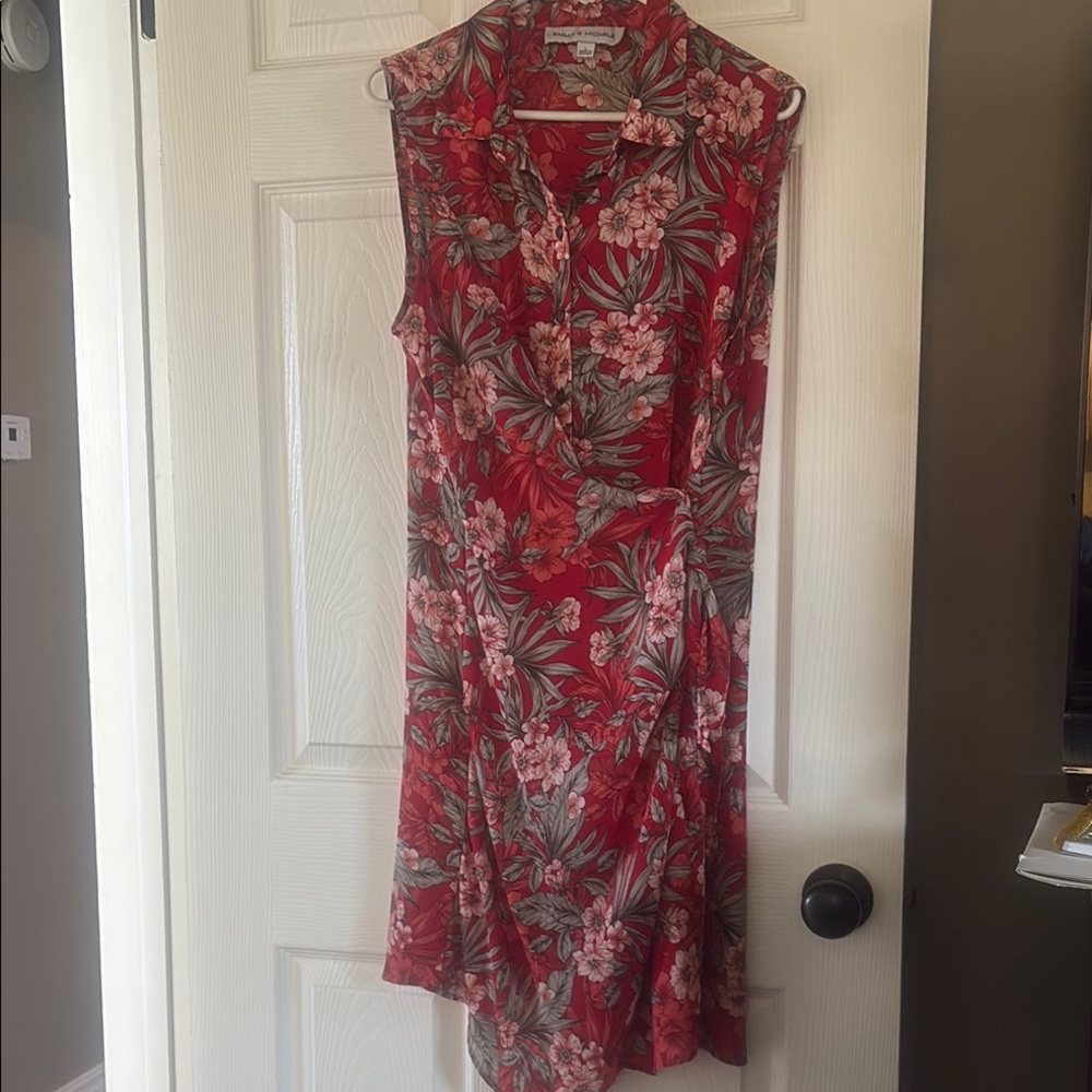 Sleeveless Red Floral Collared Midi Wrap Skirt Dress